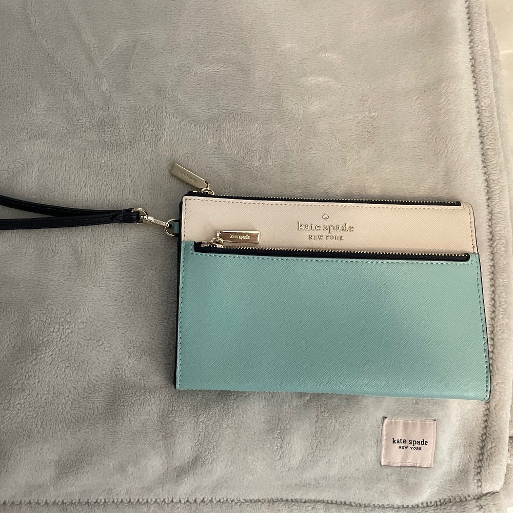 kate spade cream and mint blue colorblock wristlet